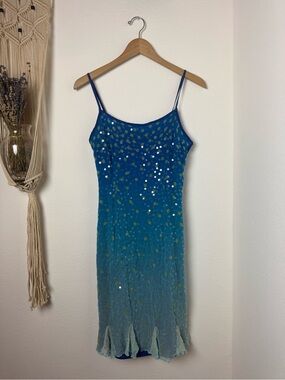 Vintage Blue and Teal Sequin Slip Mini Dress